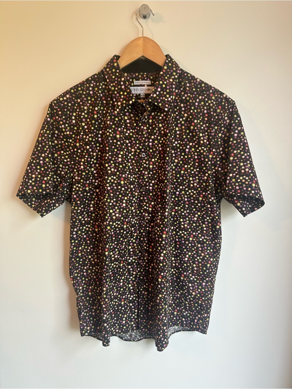 John Lennon Black Short-Sleeve Button-Down with Multi-Colored Dot Print